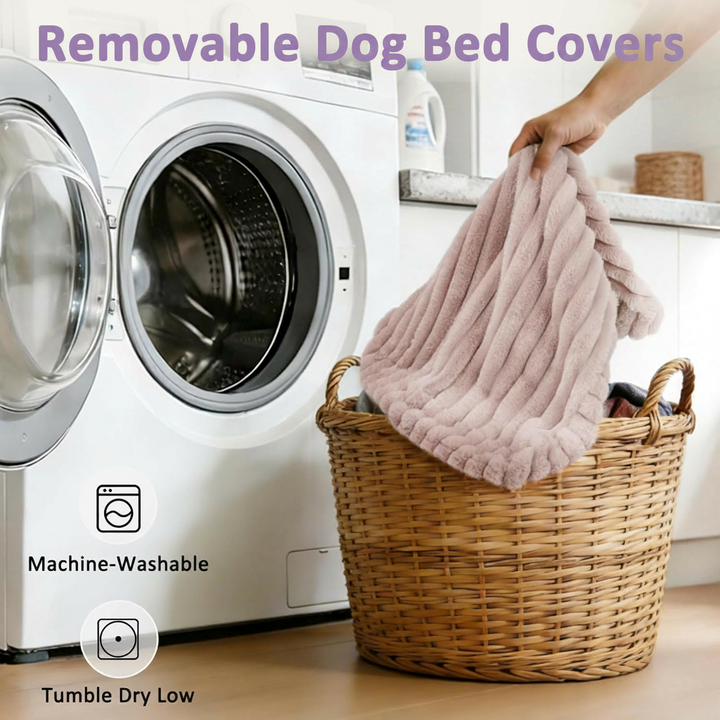 Removable dog bed covers infographic showing a plush pet bed cover being lifted from a wicker laundry basket in front of a washing machine, with icons indicating machine-washable and tumble dry low care instructions