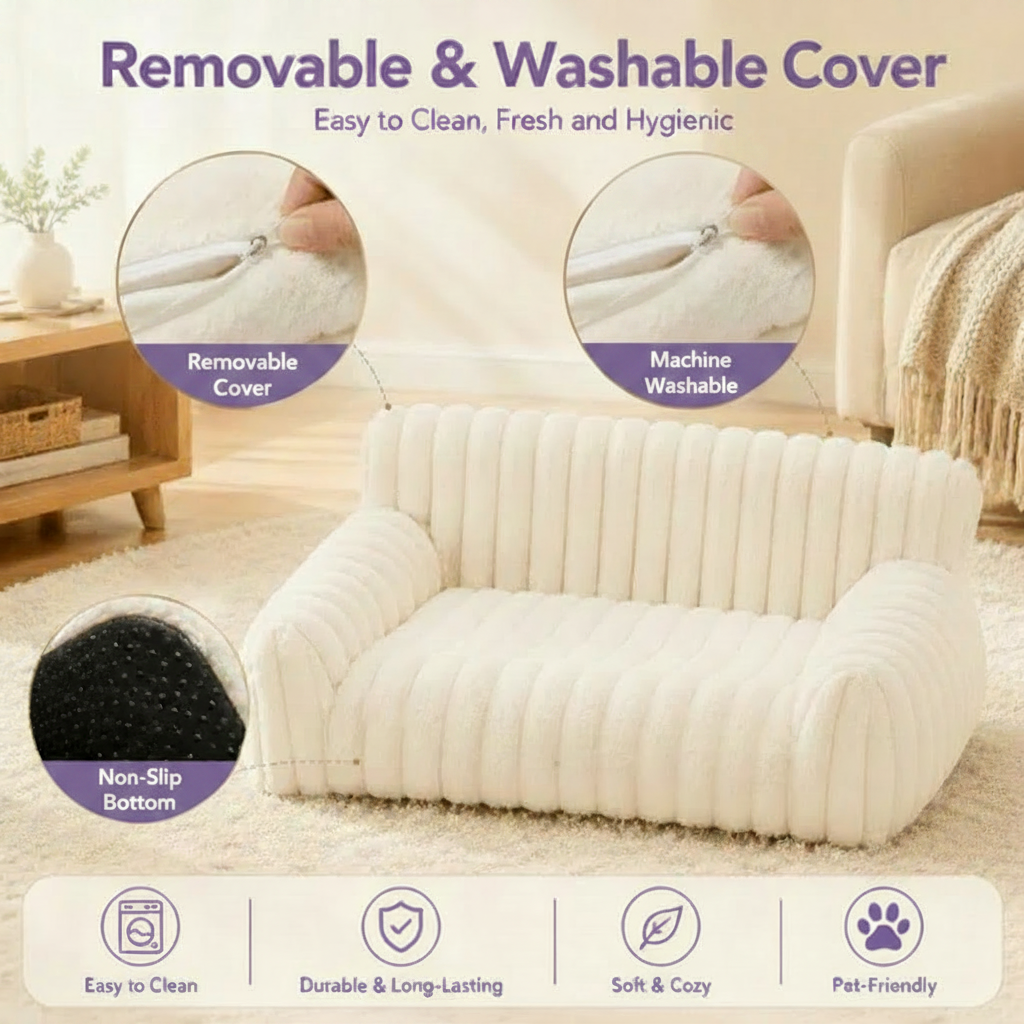 Ivory white ribbed channel-tufted plush pet sofa bed features infographic with callouts for Removable Cover, Machine Washable, and Non-Slip Bottom, with icons at the bottom reading Easy to Clean, Durable and Long-Lasting, Soft and Cozy, and Pet-Friendly