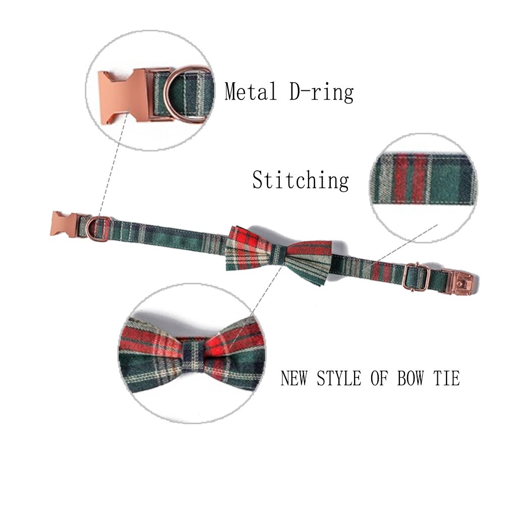 A plaid pet collar with a bow tie design, shown on a white background with three circular callout insets highlighting the metal D-ring, stitching, and the plaid pattern. Text labels point to these features.