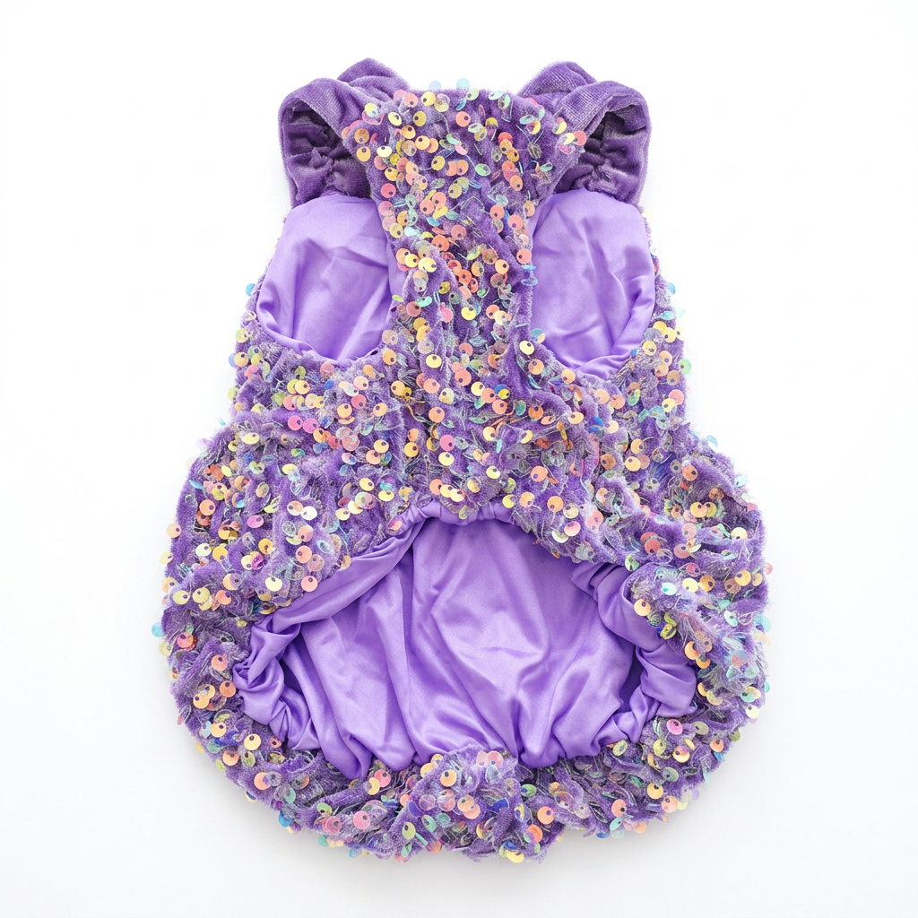 Reverse view of the purple sequin pet dress on a square white background