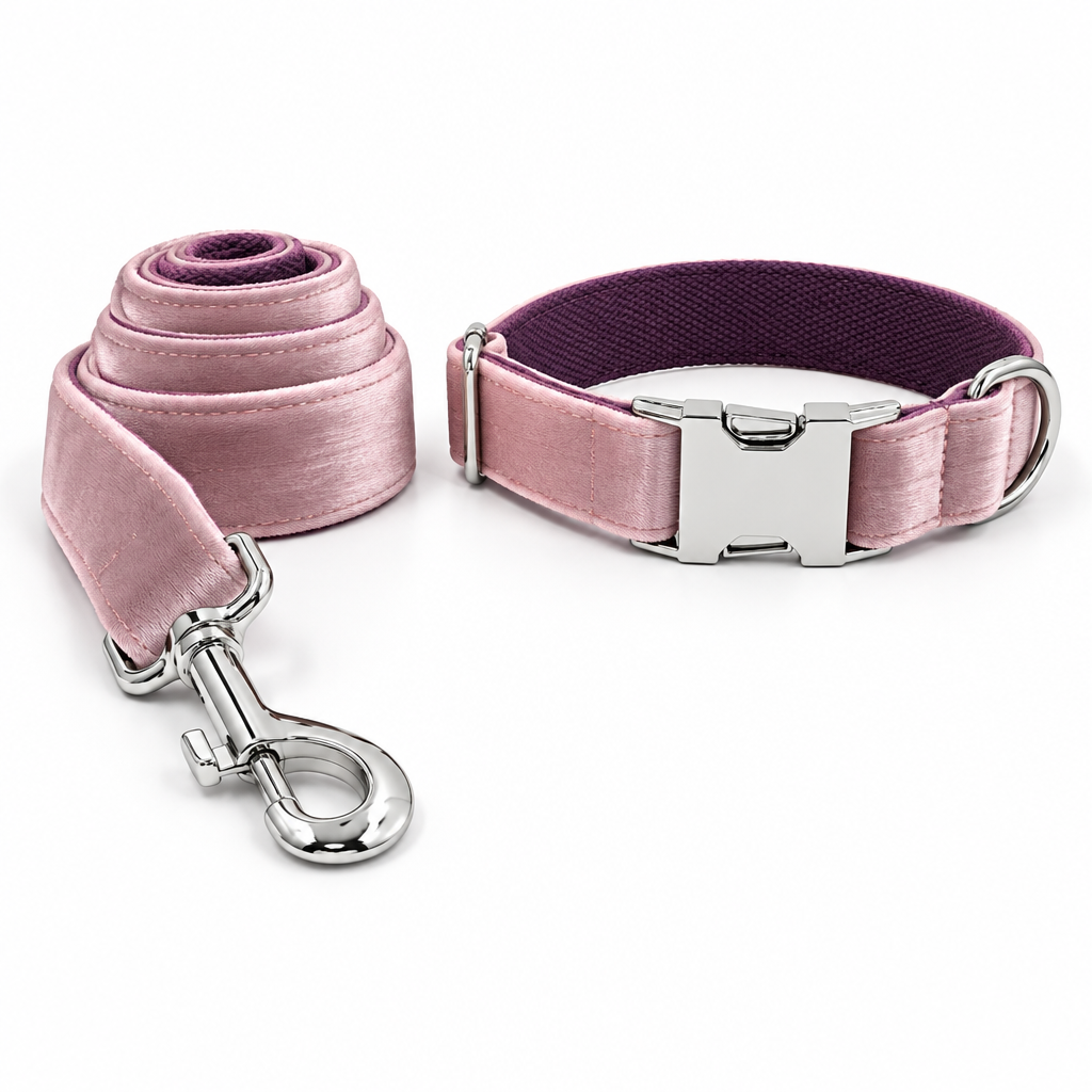 Revised blush velvet collar and leash set