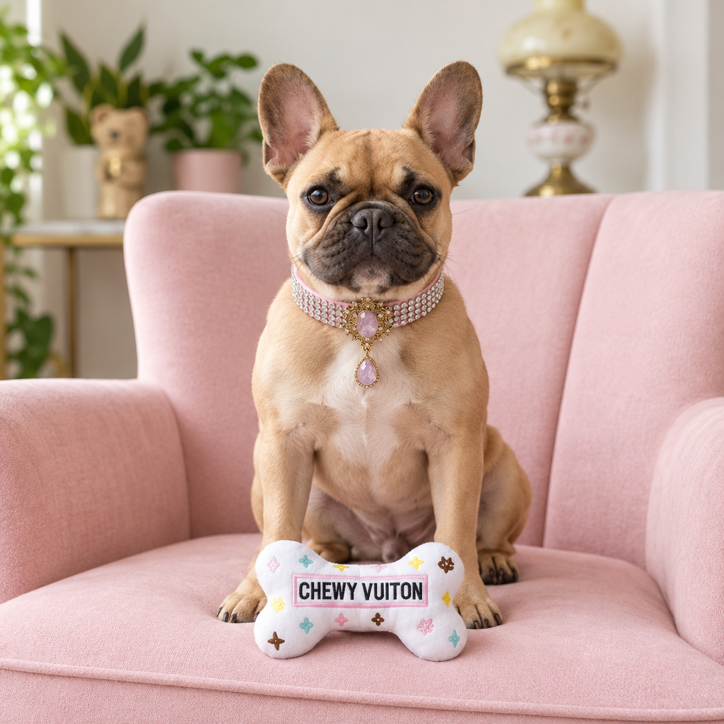 Revised square French Bulldog lifestyle photo with pink collar around his neck and bone plush in front of his paws