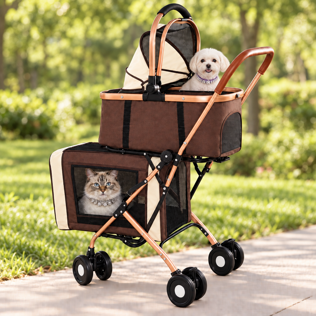 Revised two-level stroller with dog positioned under hood