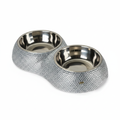 Luxury rhinestone crystal double pet bowl with two stainless steel inserts, fully encrusted silver crystal exterior, product photo on white background — a gorgeous bling pet feeding station!