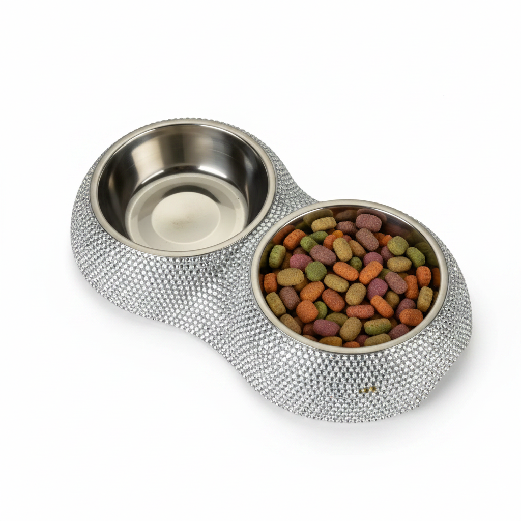 Luxury rhinestone crystal double pet bowl with one empty stainless steel insert and one filled with colorful kibble, fully encrusted silver crystal exterior, product photo on white background — great lifestyle-style product shot showing the bowl in use.