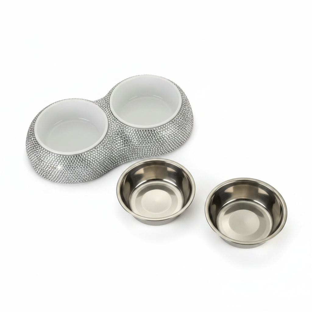 Luxury rhinestone crystal double pet bowl shown disassembled — the fully encrusted silver crystal base with white ceramic inserts in place, and the two removable stainless steel inserts displayed separately in front, product photo on white background. Great exploded-view shot showing the removable insert feature.
