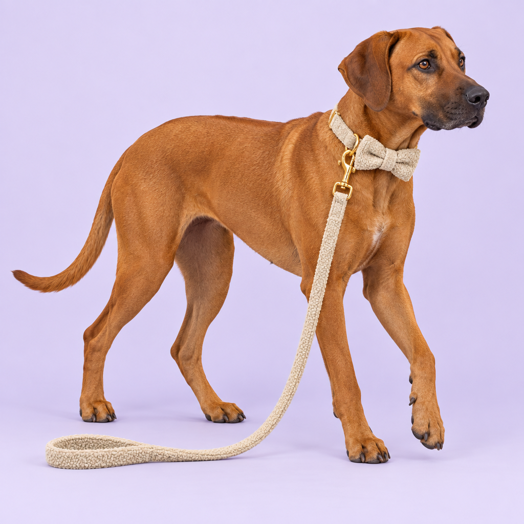 Rhodesian ridgeback wearing beige teddy fleece bow set