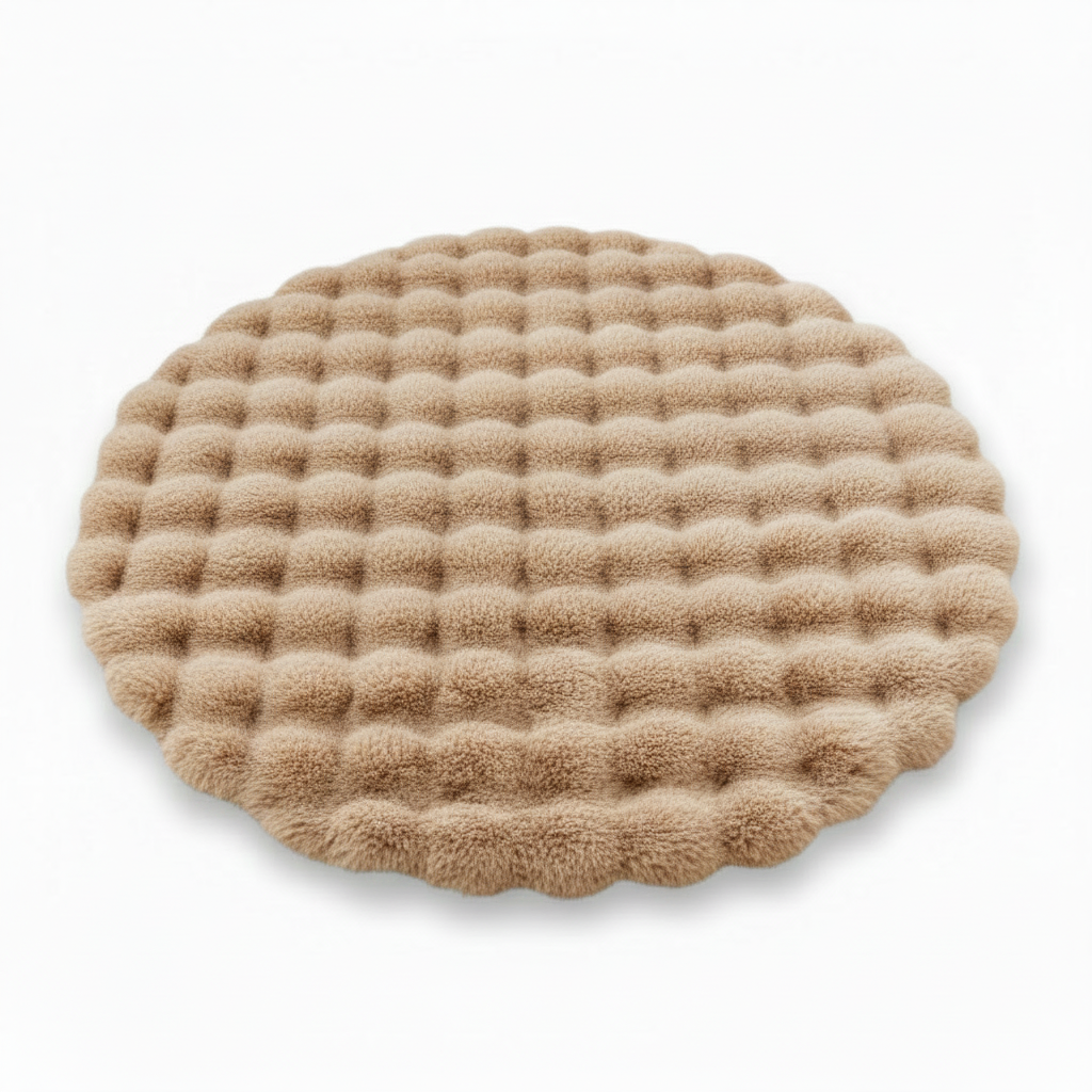 Round beige waffle-textured plush pet mat three-quarter view on white background