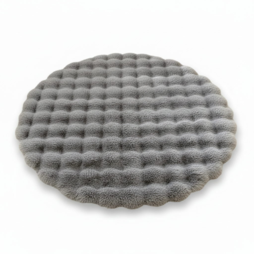 Round grey waffle-textured plush pet mat three-quarter view on white background