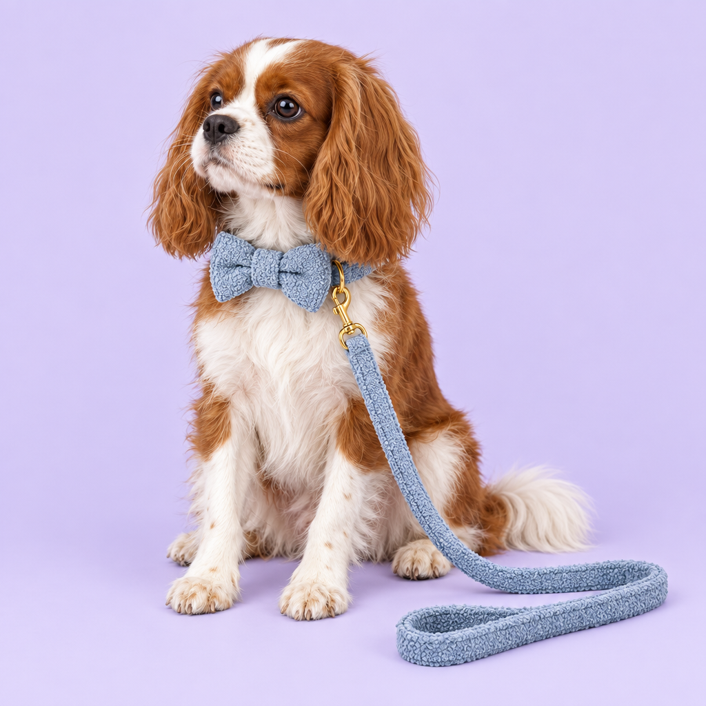 Ruby Cavalier in blue teddy-fleece bow-tie set