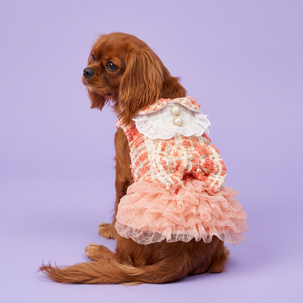 Ruby Cavalier in the coral tweed dress