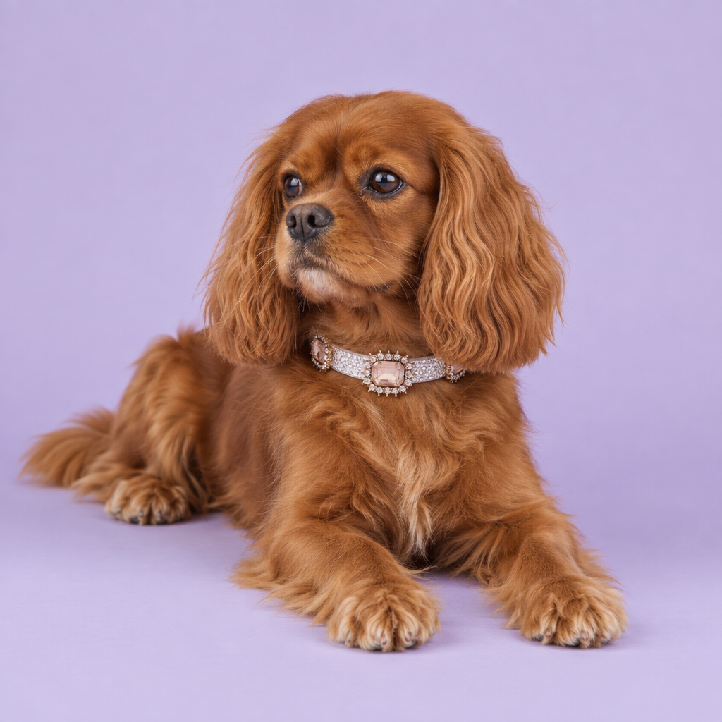 Ruby Cavalier lounging in the silver-and-blush collar