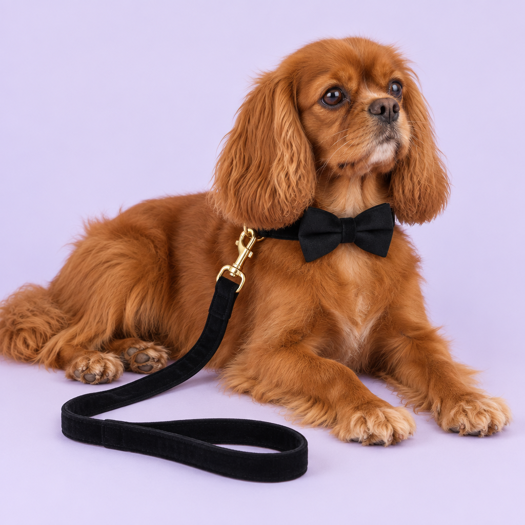 Ruby Cavalier lounging with black bow collar and leash