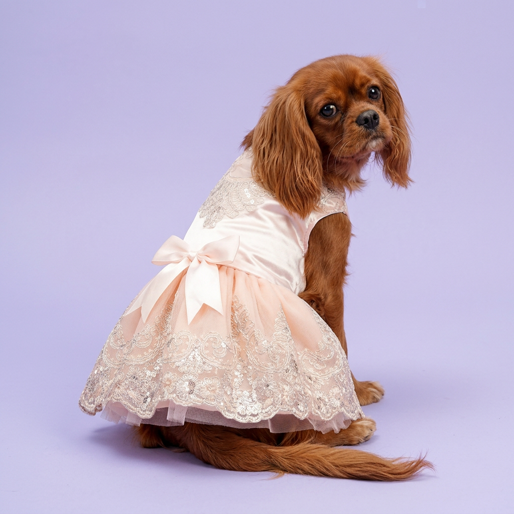 Ruby Cavalier showing the back bow of the pink embroidered dress