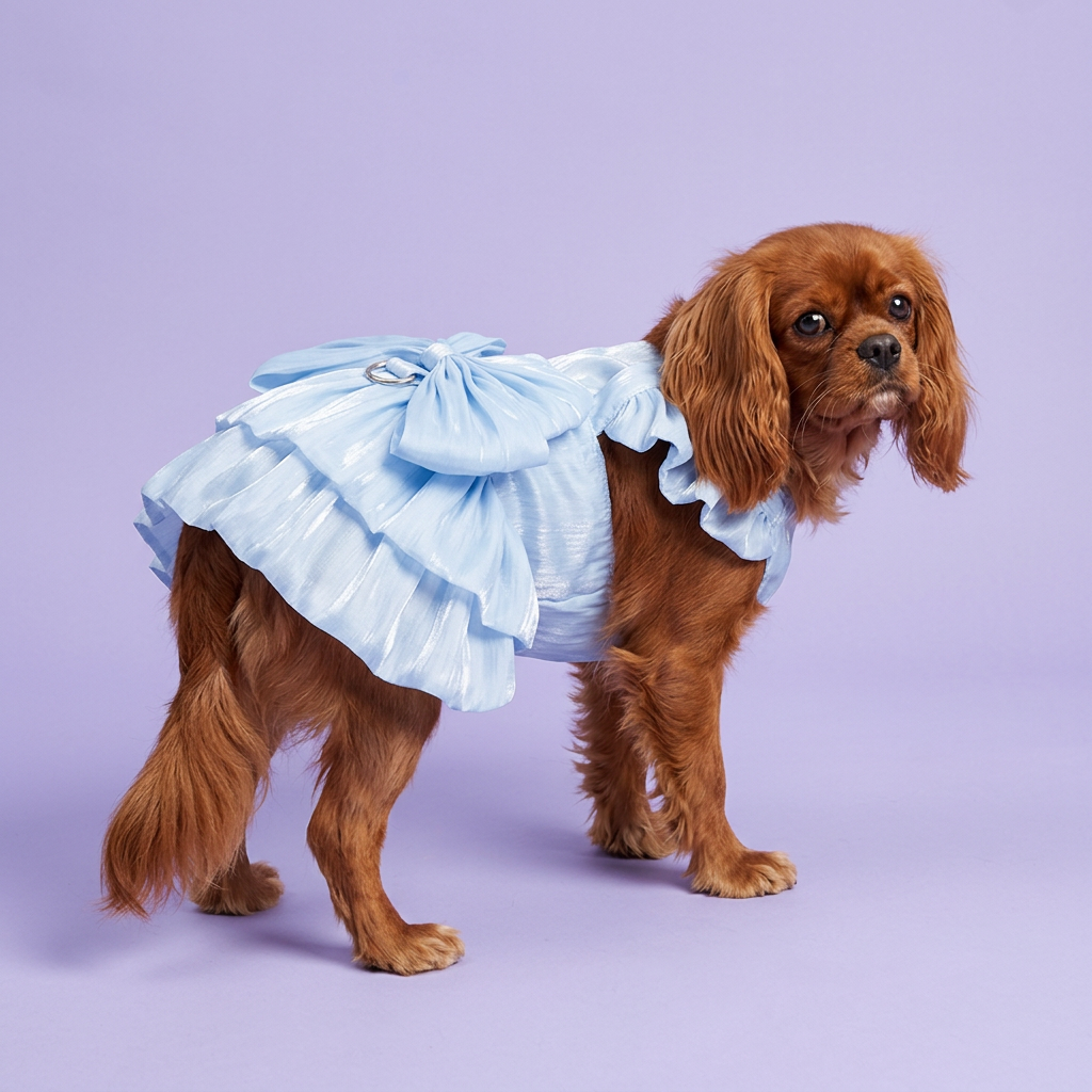 Ruby Cavalier wearing the powder-blue tiered dress