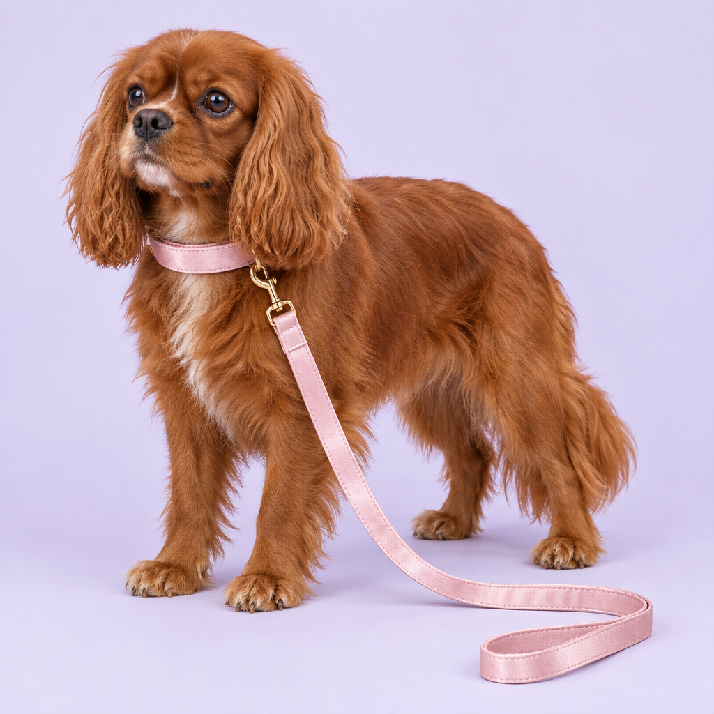 Ruby Cavalier with blush-pink silky collar and leash