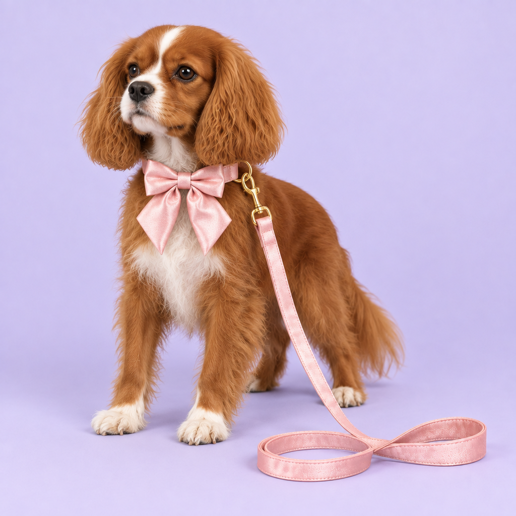 Ruby Cavalier with silky pink bow collar and leash
