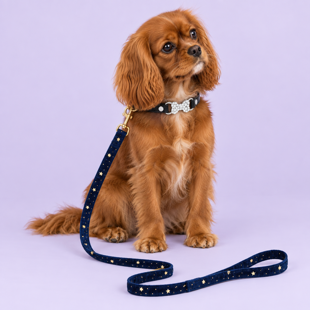 Ruby Cavalier with silver bow collar and navy star leash