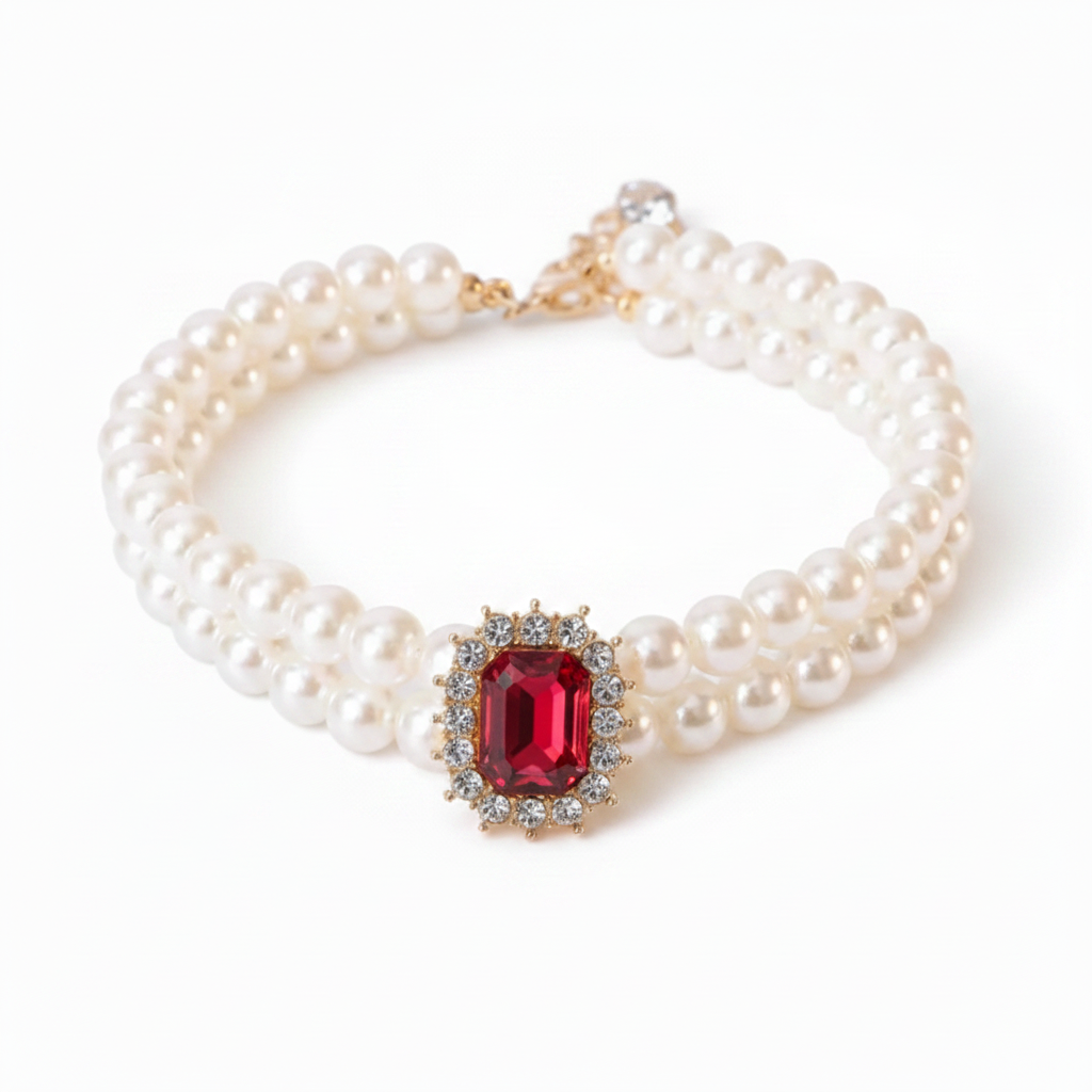 Double-strand pearl pet collar with ruby red emerald-cut crystal centerpiece and gold hardware