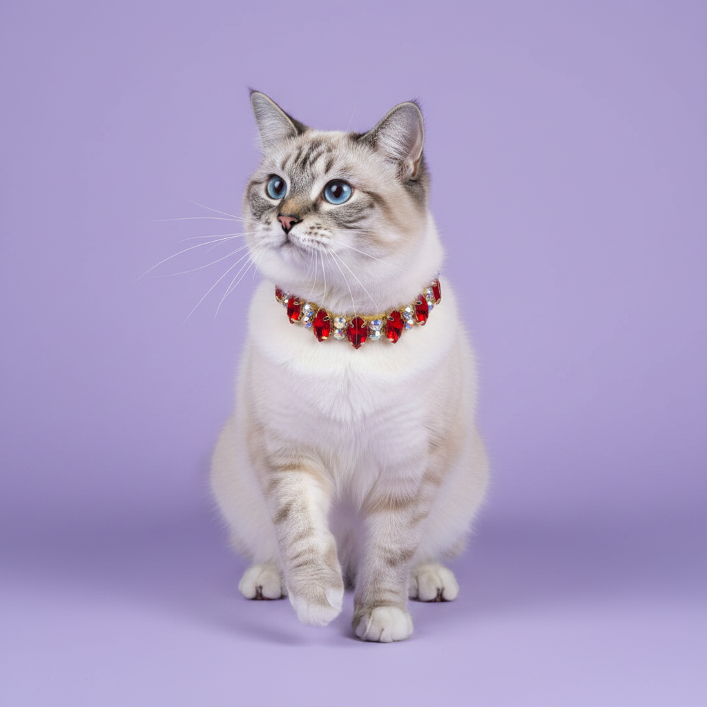 Blue-eyed Ragdoll cat sitting upright with one paw raised and gazing upward wearing a cat collar with ruby red marquise and AB crystal rhinestones set in gold