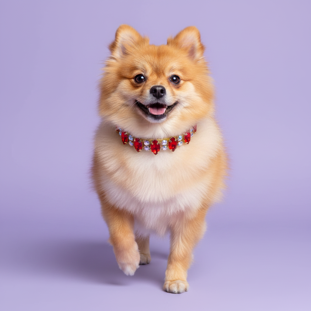Golden Pomeranian mid-stride facing the camera with a happy open-mouth expression wearing a fuchsia pink dog collar with ruby red marquise and AB crystal rhinestones set in gold