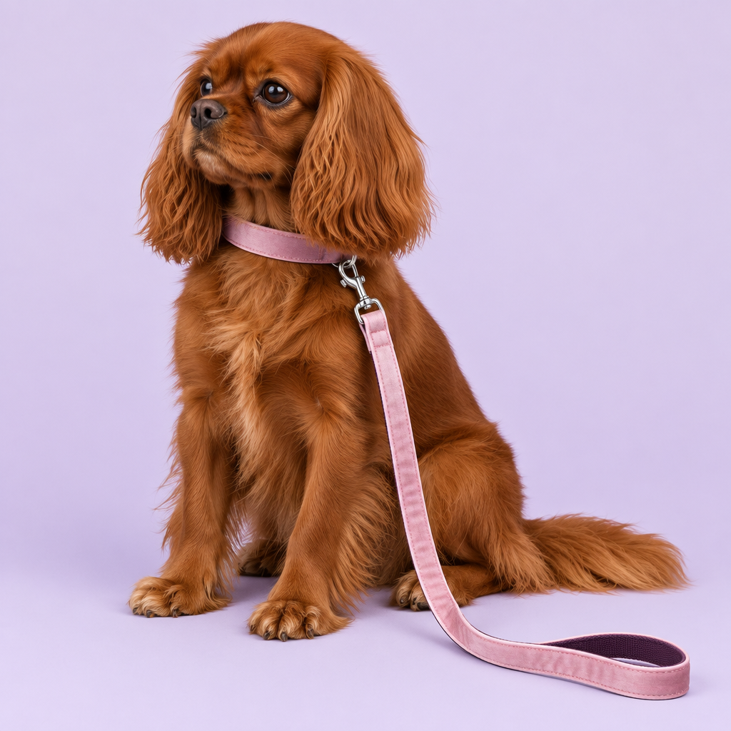 Ruby toy spaniel wearing blush pink velvet collar and leash