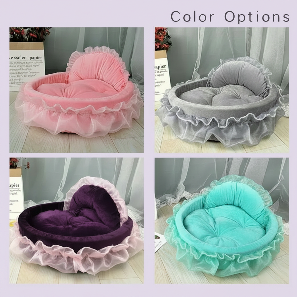 Color options grid showing four ruffle lace pet beds in heart and round shapes: pink, grey, deep purple, and mint teal, each with layered chiffon ruffle trim, lavender background with "Color Options" text