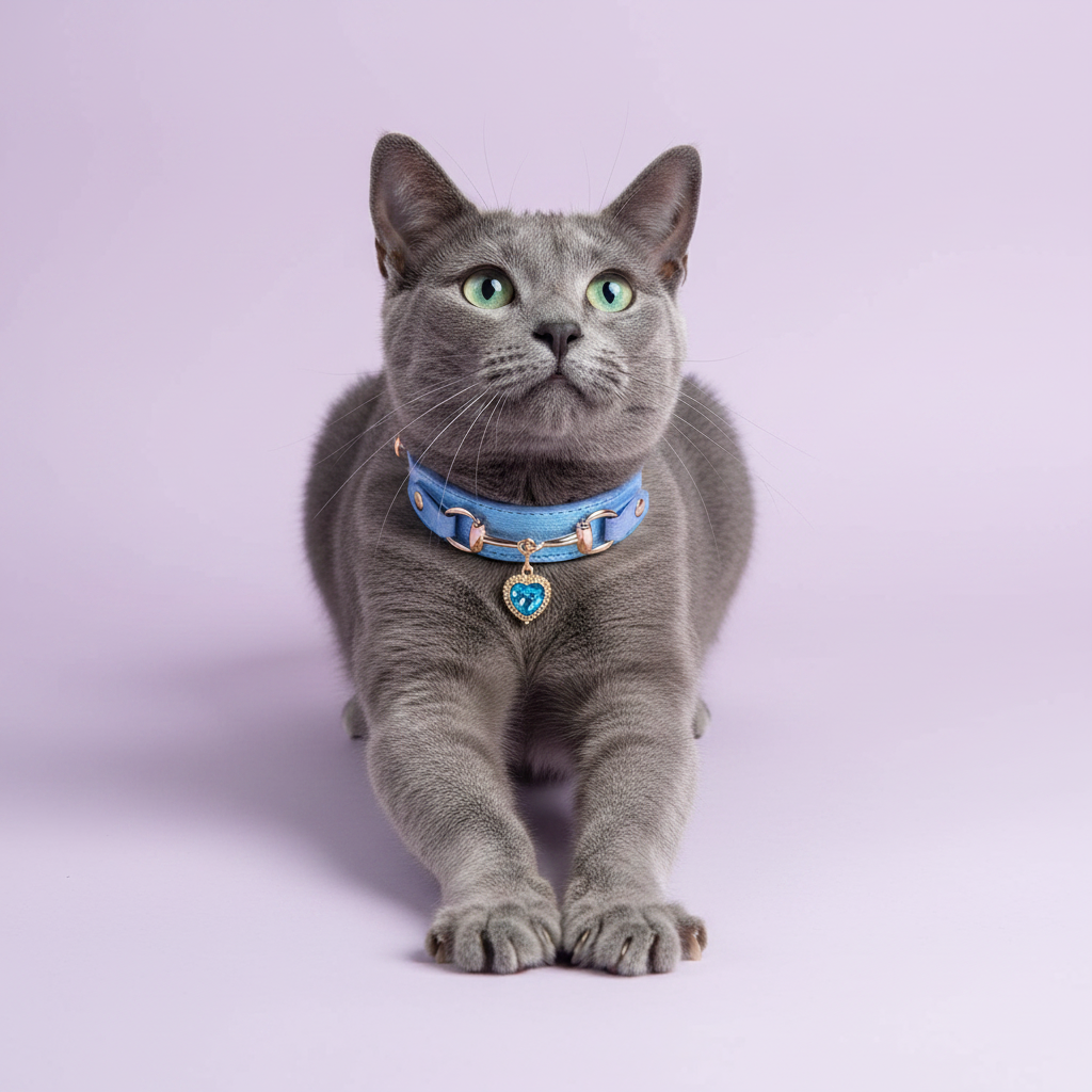 Grey Russian Blue cat with green eyes in a crouching pose looking upward, wearing a light blue leather pet collar with rose gold snaffle-bit hardware and a teal crystal heart charm pendant, on a soft lavender background