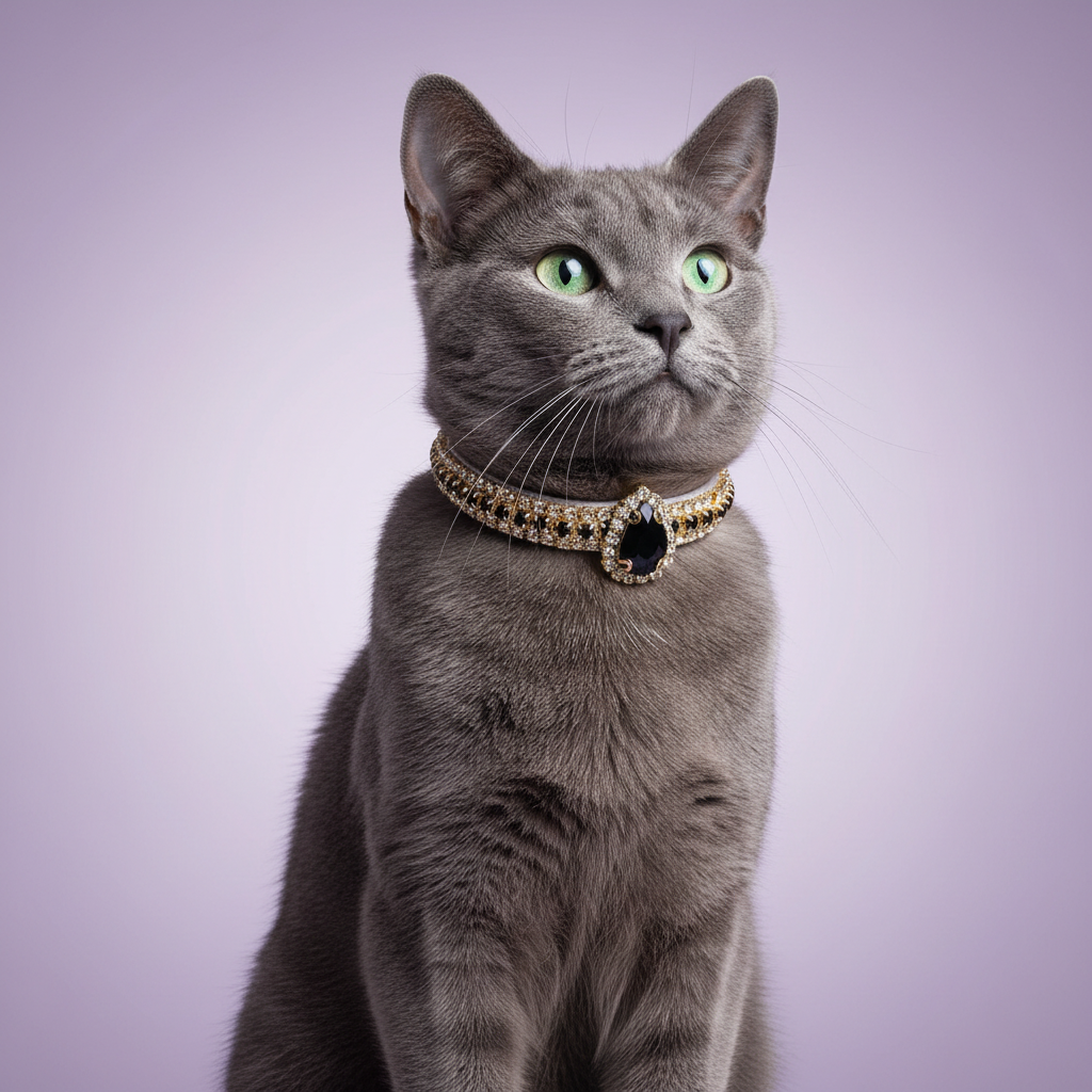 Russian Blue cat looking upward, wearing a gold beaded collar with a black teardrop gem pendant, on a lavender background