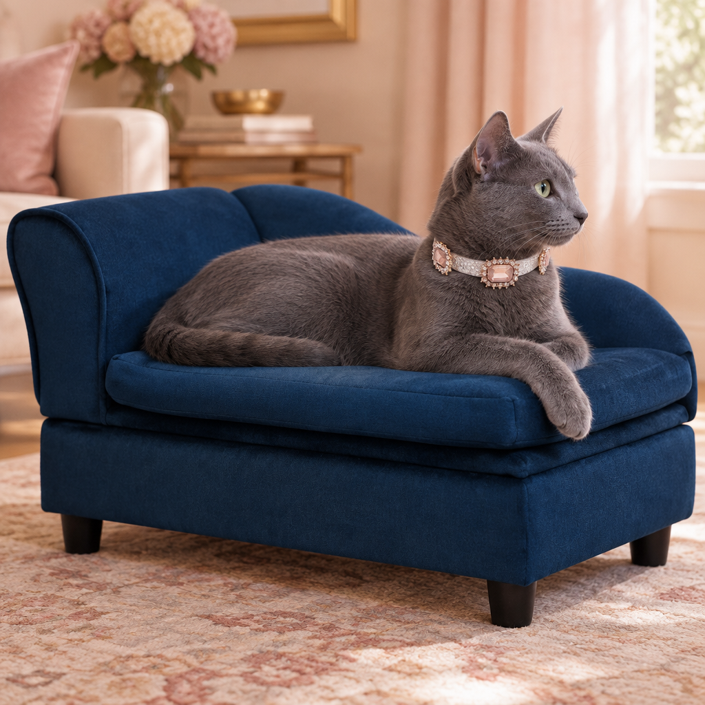 Russian Blue cat reclining on the blue couch