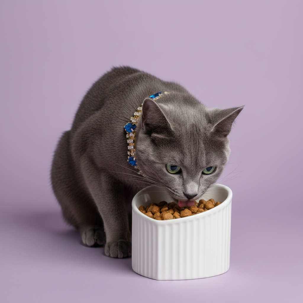 Russian Blue cat wearing a luxury blue crystal rhinestone cat collar eating from a white heart-shaped ceramic bowl