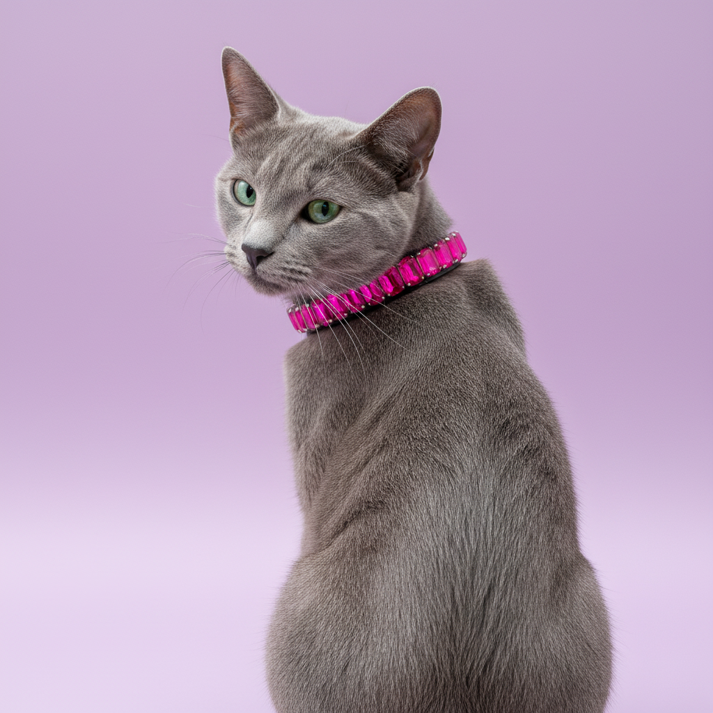 Russian Blue cat wearing a hot pink rhinestone collar against a soft lavender studio background.
