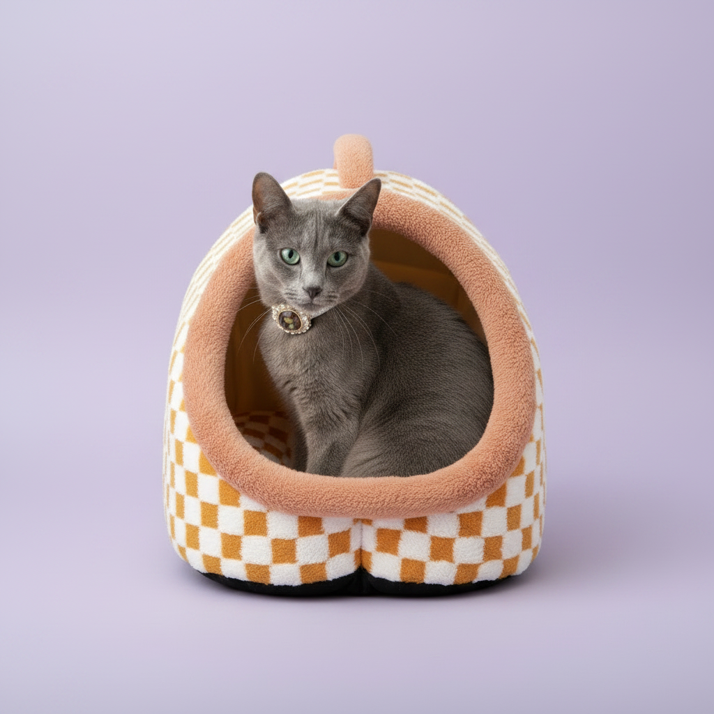 Green-eyed Russian Blue cat sitting inside a mustard yellow and white checkerboard plush pet igloo cave bed with blush pink padded entrance and pom pom accent, wearing a rhinestone cameo collar on a soft lavender background