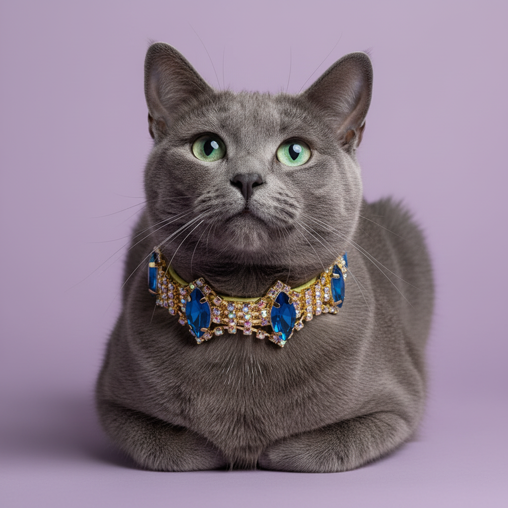 Russian Blue cat with green eyes lounging in loaf position and gazing upward wearing a gold rhinestone breakaway cat collar with large sapphire blue marquise-cut crystal stones