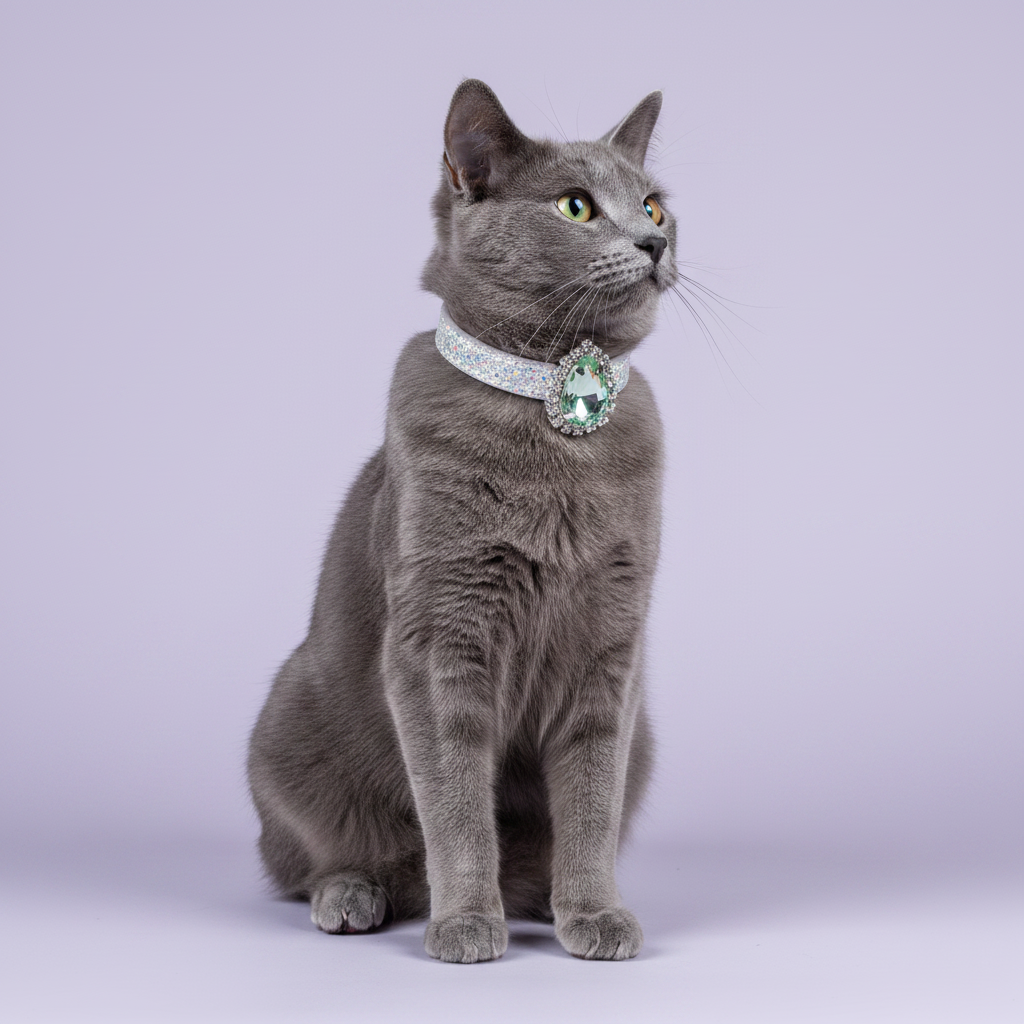 Russian Blue cat wearing silver rhinestone breakaway cat collar with mint green oval crystal pendant