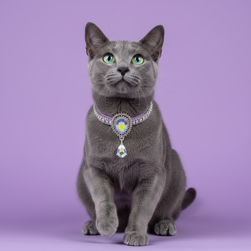 Russian Blue cat wearing purple rhinestone breakaway cat collar with aurora borealis crystal teardrop pendant