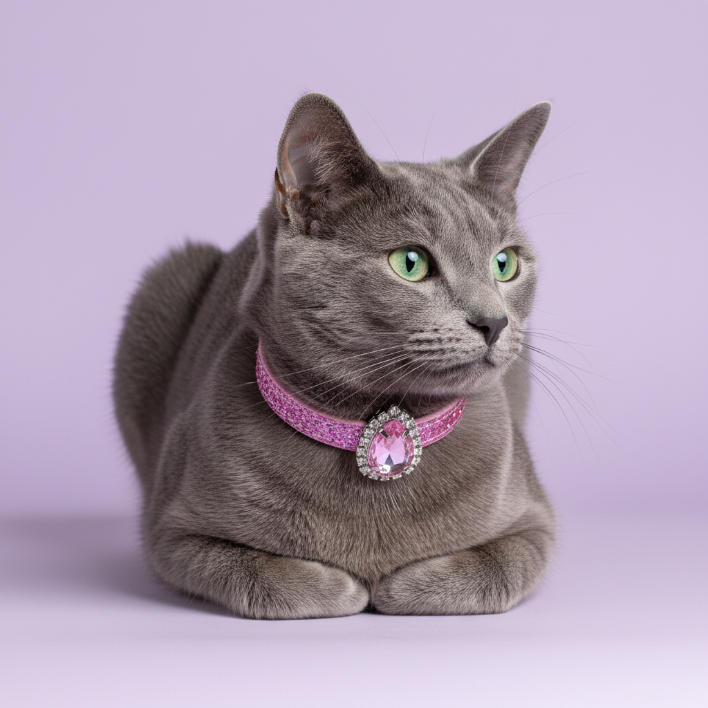 Green-eyed Russian Blue cat in loaf position gazing to the side wearing a pink glitter rhinestone collar with teardrop pink crystal pendant, luxury bling cat collar for grey cats on lavender background