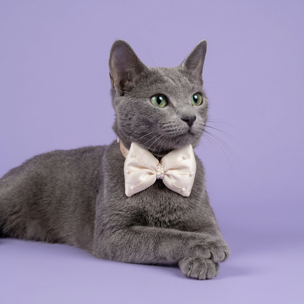 Russian Blue lounging in ivory bow collar