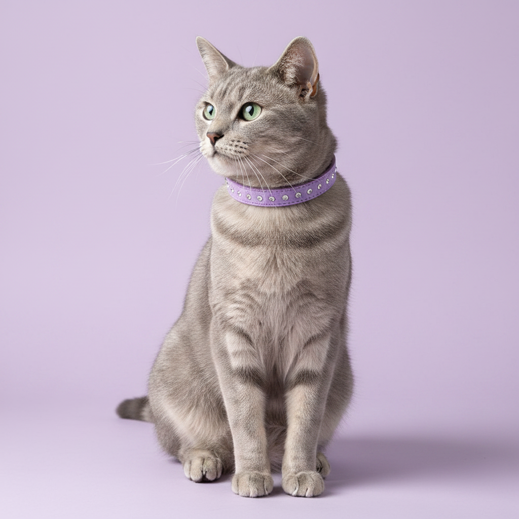 Green-eyed Russian Blue cat wearing a lavender purple rhinestone crystal leather cat collar, seated full body studio portrait on lavender background
