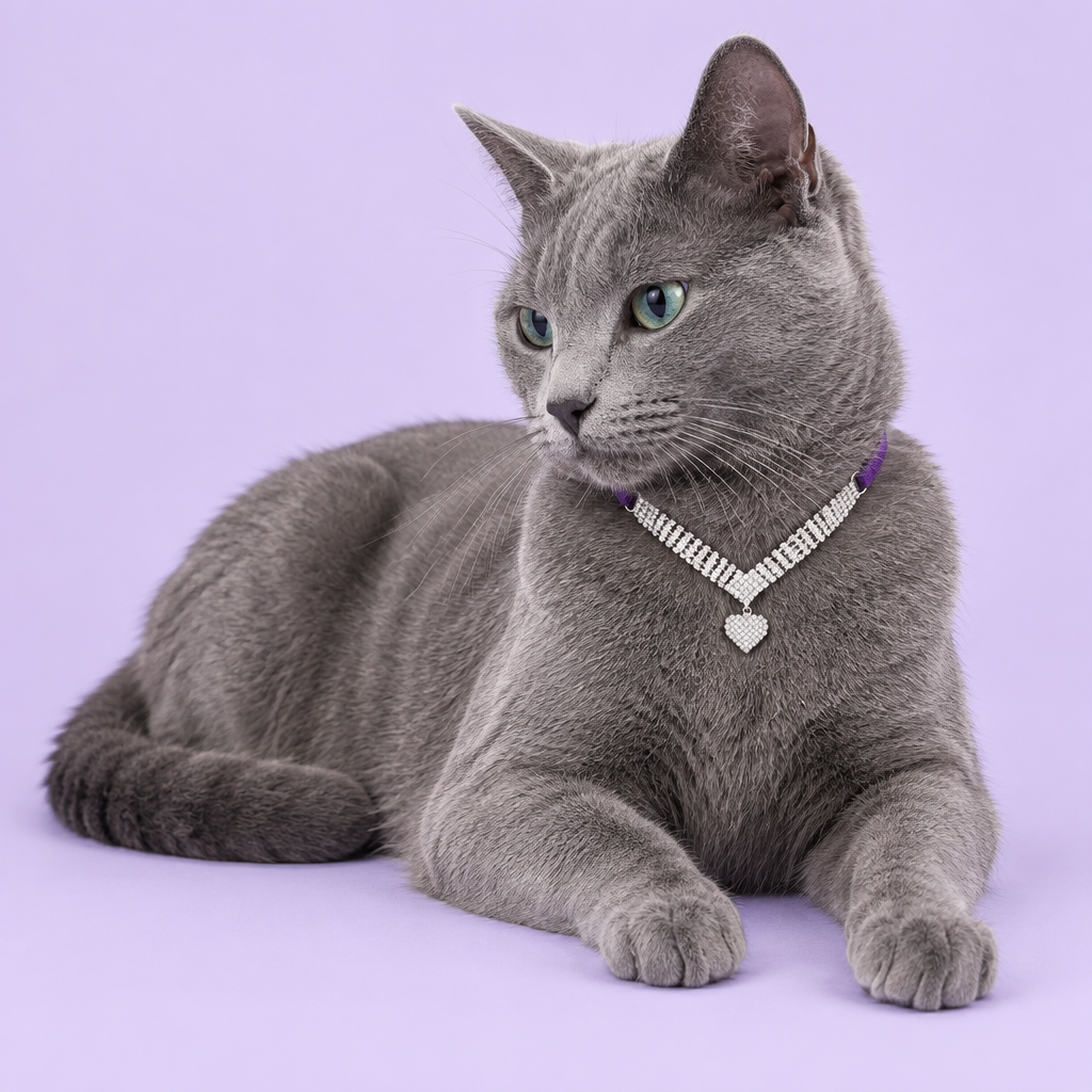Russian Blue reclining with the shallow V at the throat
