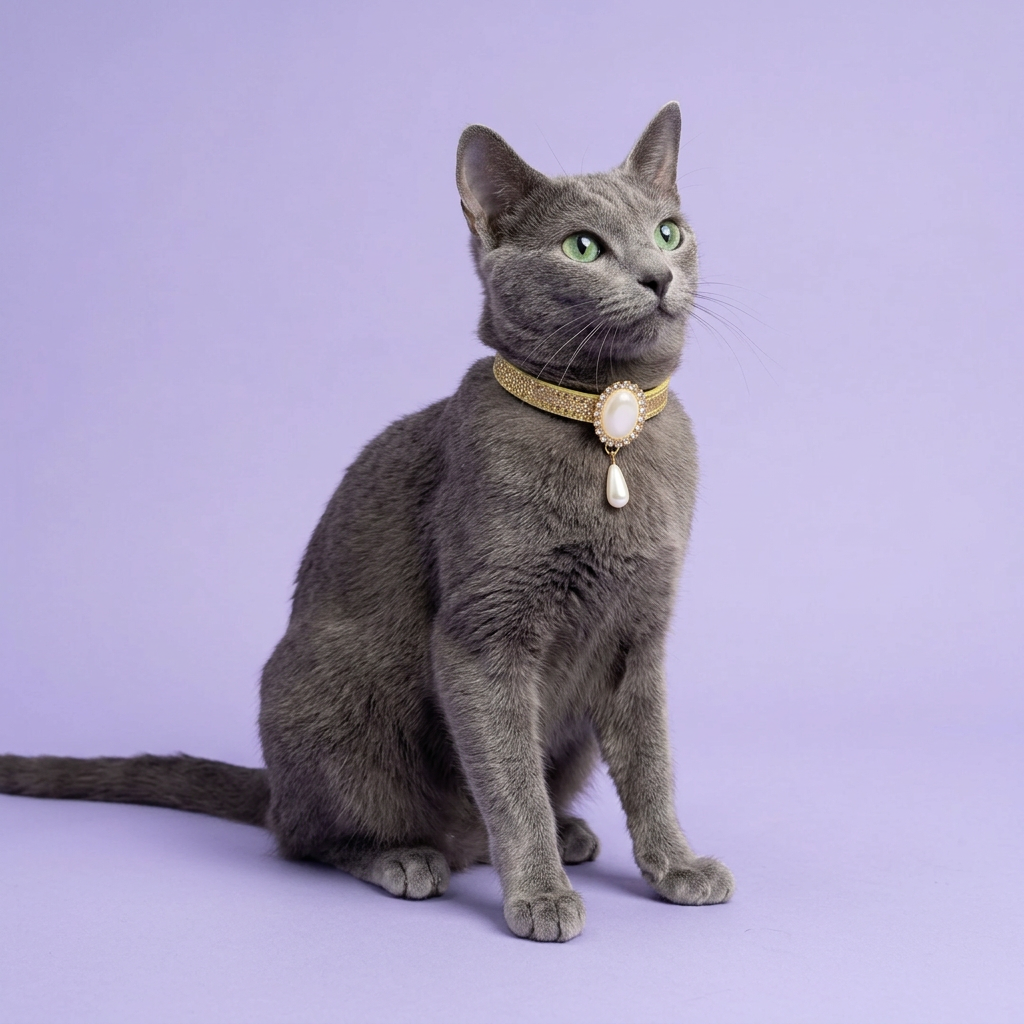 Russian Blue seated with an upward glance