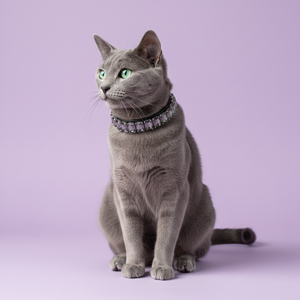 Russian Blue cat sitting and wearing a dark crystal rhinestone collar against a soft lavender studio background.