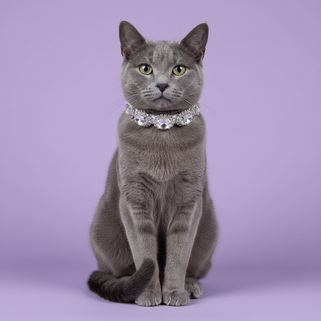 Green-eyed Russian Blue cat sitting tall and facing camera wearing a silver multi-oval crystal rhinestone statement collar, luxury diamond cat collar for grey cats on lavender background