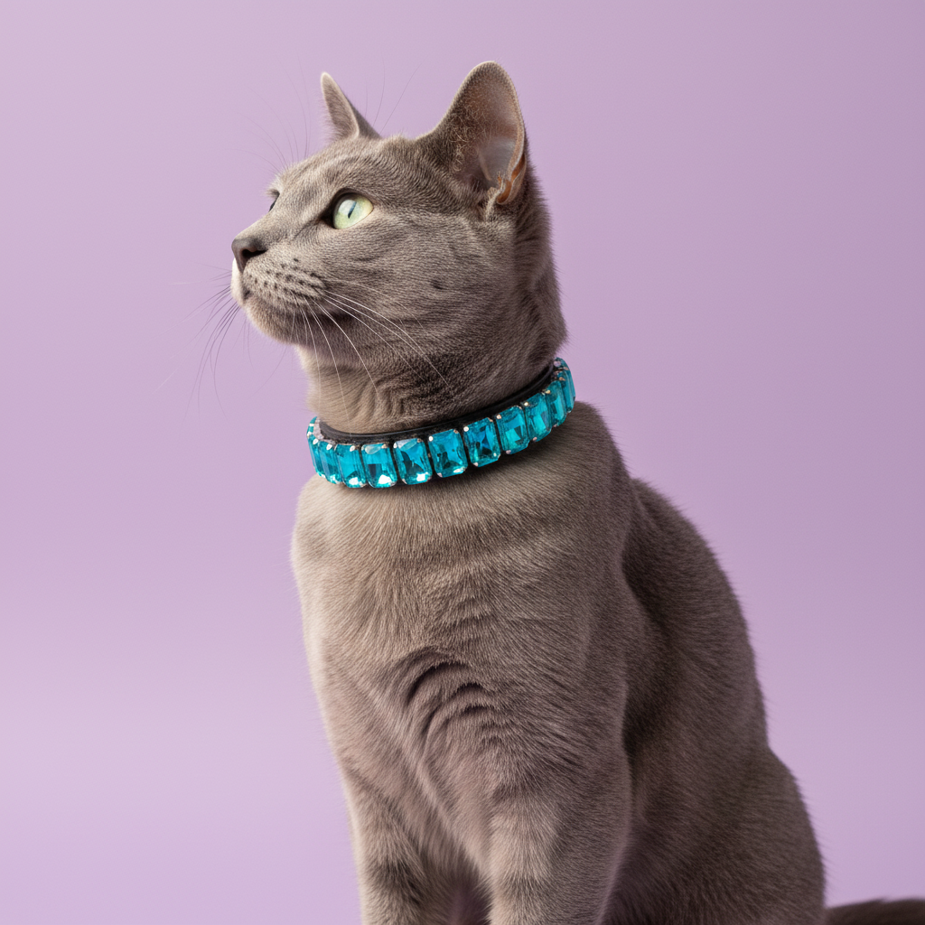 Russian Blue cat sitting in profile and wearing a bright teal rhinestone collar against a soft lavender studio background.