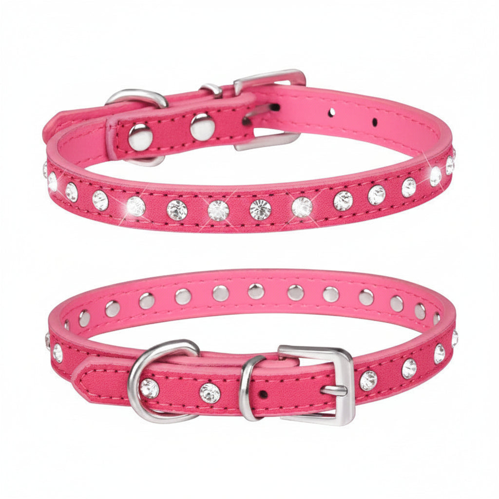 Hot pink leather cat and dog collar with single row clear rhinestone crystals and silver buckle, luxury bling pet collar product photo on white background