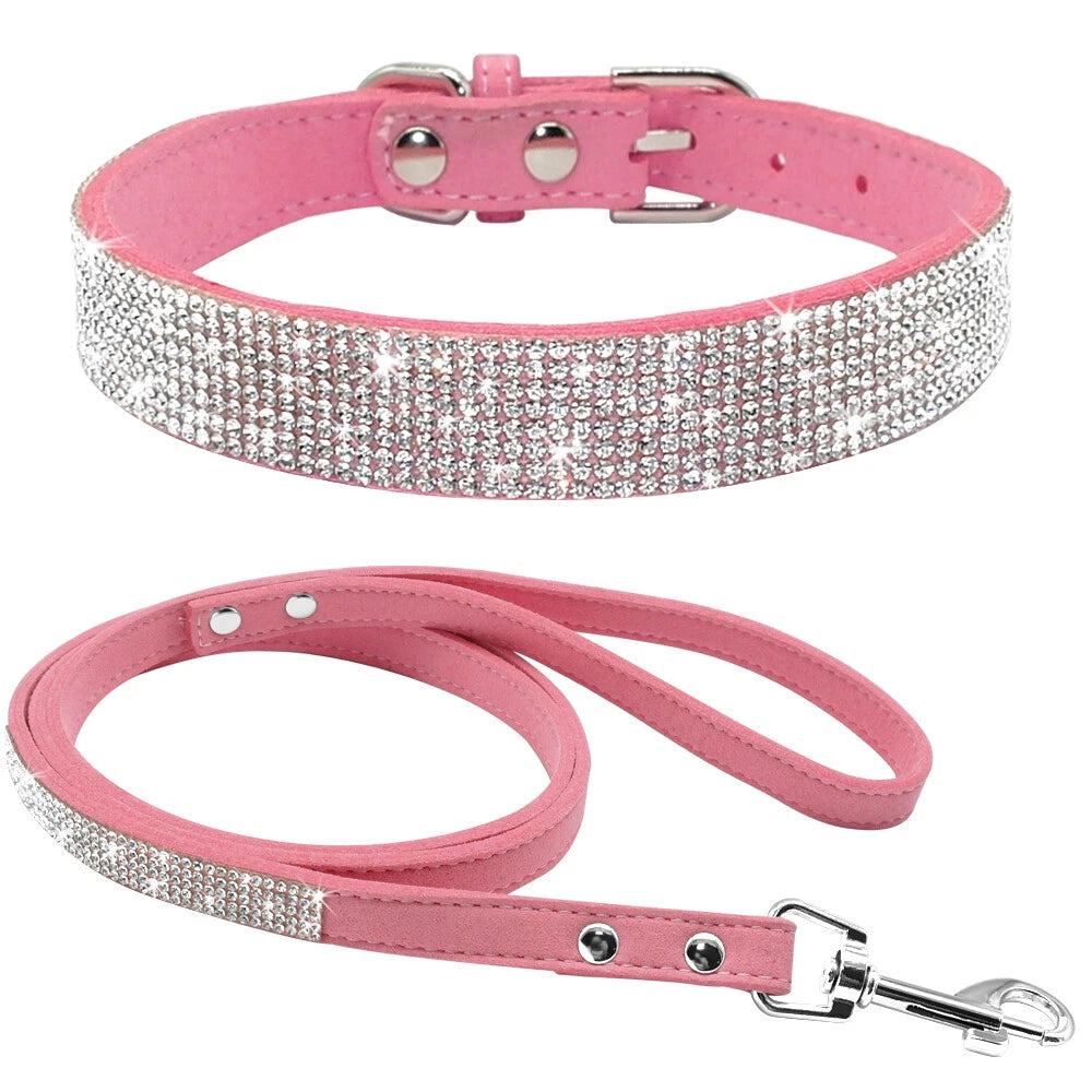 Pink Rhinestone Pet Collar & Leash Set | Soft Suede Sparkle Collar and Matching Leash for Dogs & Cats