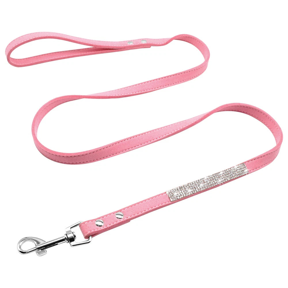 Pink Rhinestone Pet Collar & Leash Set | Soft Suede Sparkle Collar and Matching Leash for Dogs & Cats