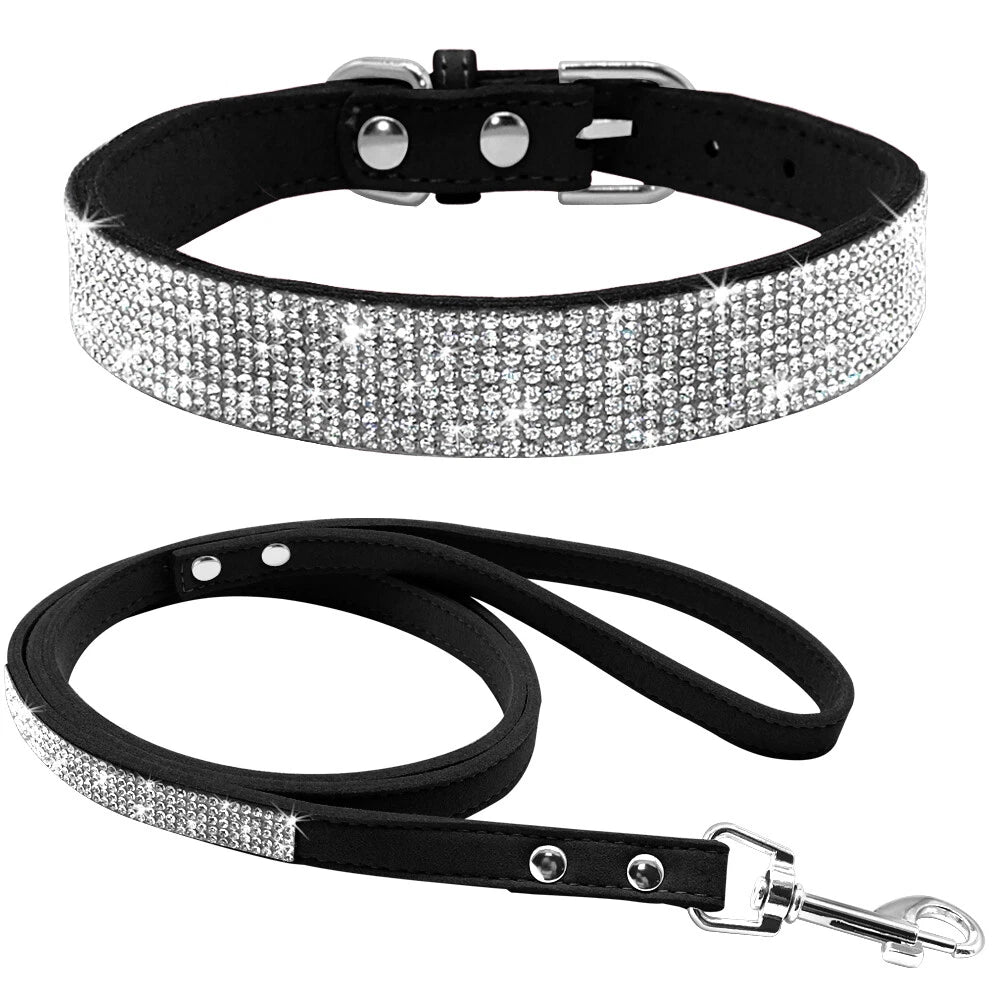 Black Rhinestone Pet Collar & Leash Set | Soft Suede Sparkle Collar and Matching Leash for Dogs & Cats