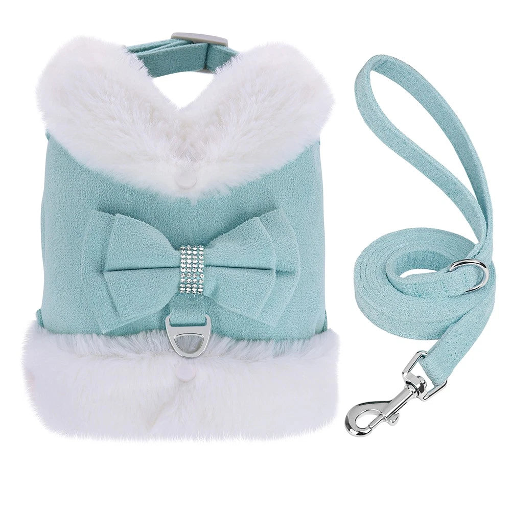 Blue Plush Bow Dog Harness & Leash Set