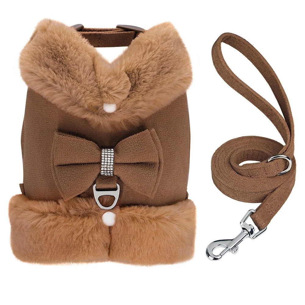 Brown Plush Bow Dog Harness & Leash Set